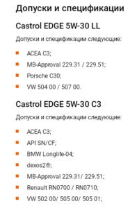 Технические характеристики для Castrol EDGE 5W-30 C3